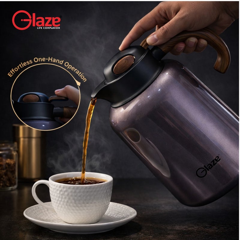 جليز إبريق حراري للقهوة والشاي بسعة 2.2 لتر، ترمس بعزل من الستانلس ستيل 304، يحافظ على المشروبات ساخنة وباردة لساعات، غطاء مانع للتسرب، تصميم أنيق بمقبض خشبي للاستخدام في المنزل، المجلس والضيافة – بنفسجي - Image 2